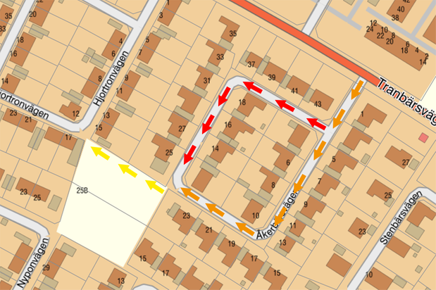 Karta där Åkerbärsvägen är markerad