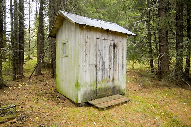 Liten byggnad i grånad träpanel med en dörr.