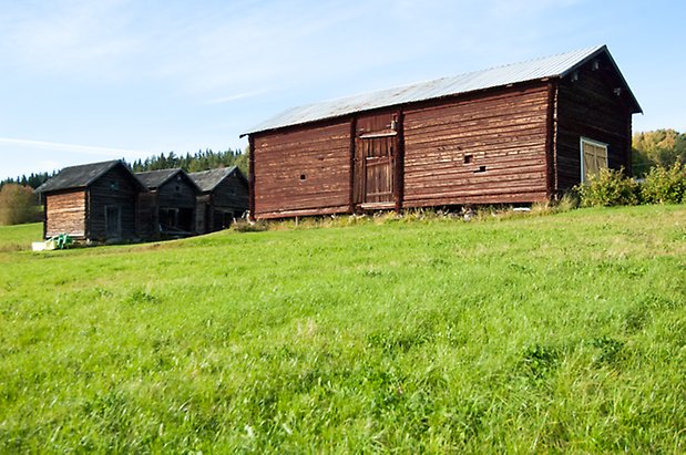 Timrad byggnad i brunt med gula portar.