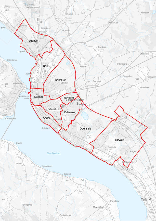 karta över Östersund med stadsdelarna inritade.