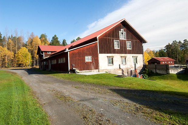 Hölje 1:17. Ladugård i tre våningar med vit, putsad undervåning och övervåningar i brun panel.