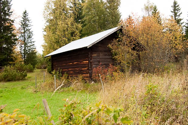 Korsta 2:19. Timrad byggnad på äng.