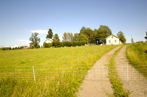 Måläng 3:2. Äng med två ljusa byggnader.