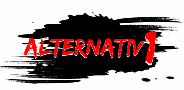 Logga med svart bakgrund och röd text med namnet Alternativ1