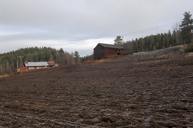 Åsan 2:11. Timrad, brun byggnad på åker.