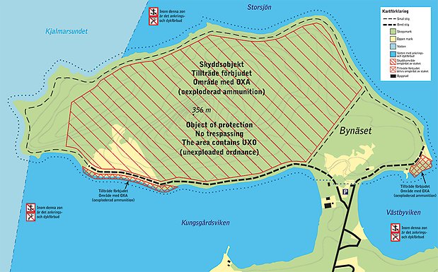 Karta över Bynäset med stigar och område förbjudet utmärkta