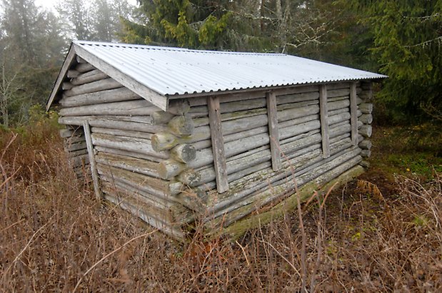 Kläppe 4:2. Byggnad i grått timmer i skogsbryn.