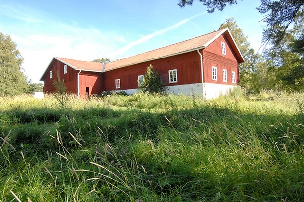 Kungsgården 5:6. Ladugård i tre våningar byggd i vinkel, vit puts på undervåningen, röd panel på övre våningar, fönster i vitt spröjs.