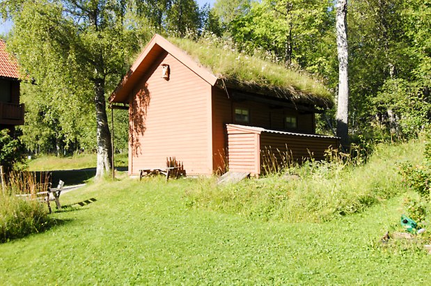 Valla 6:43. Byggnad i orange panel med tak med gräs.