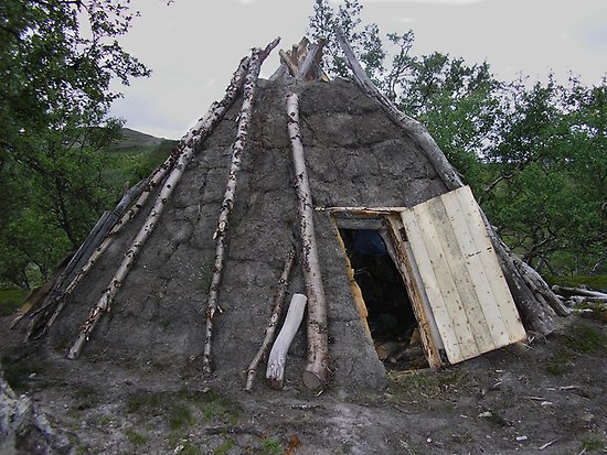 Toppig byggnad täckt med torv med björkar lutade mot.