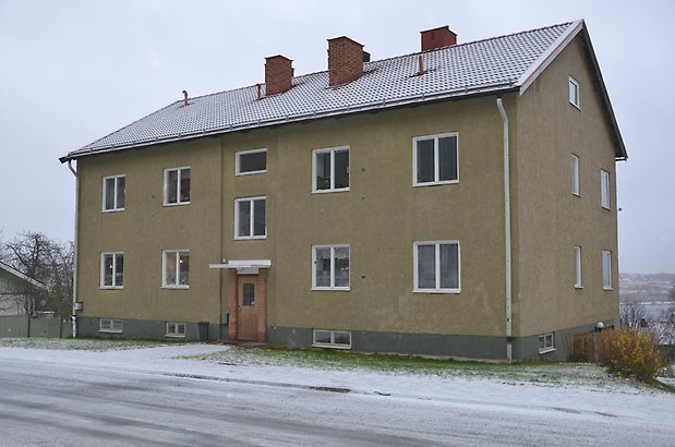 Forsellslägden 2. Bostadshus i tre våningar i grön puts med vita fönster och träport. 