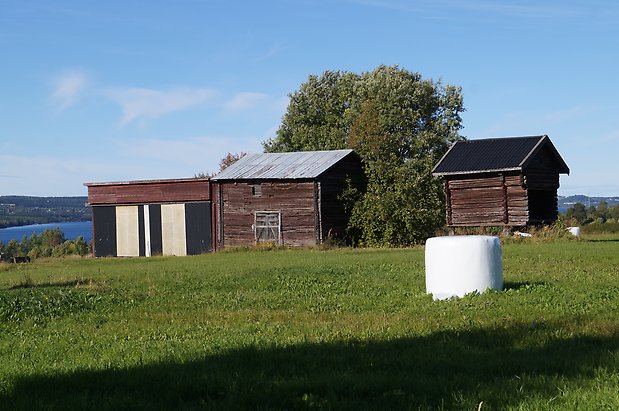 Ope 10:12. Byggnad i brunt timmer med svart dubbelport. Brunt, timrat härbre.