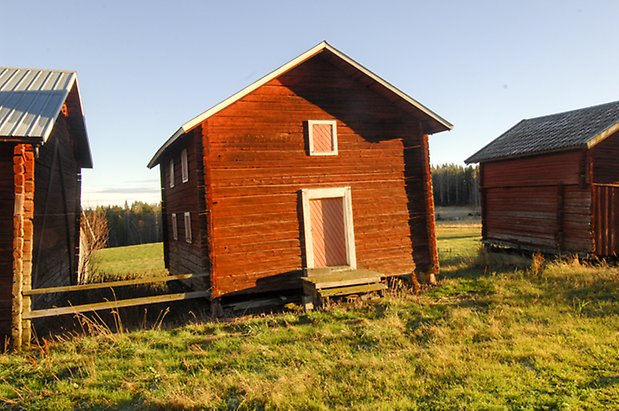 Lockne-Berge 1:2. Röd, timrad byggnad med rosa dörr och rosa luckor.