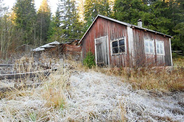 Lockne-Berge 1:2. Stuga röd/grå panel med grå dörr, fönster med vita spröjs och liten skorsten, i ett skogsbryn.