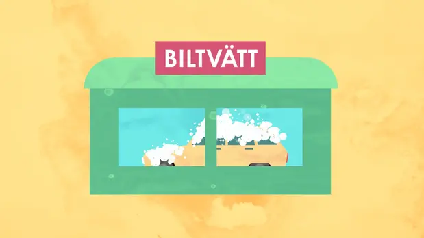 Illustrerad bild av en bil i en biltvätt.