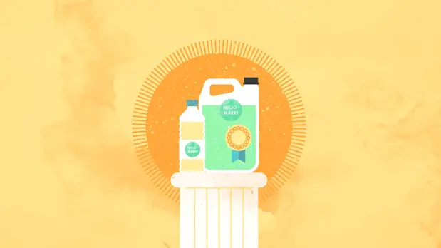 Illustrerade plastförpackningar med flytande innehåll på en piedestal med en gul sol bakom.