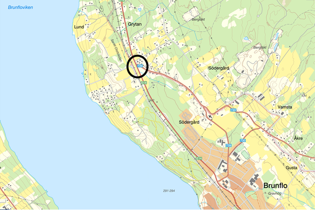 Karta där korsningen E14 - Väg 739 är markerad