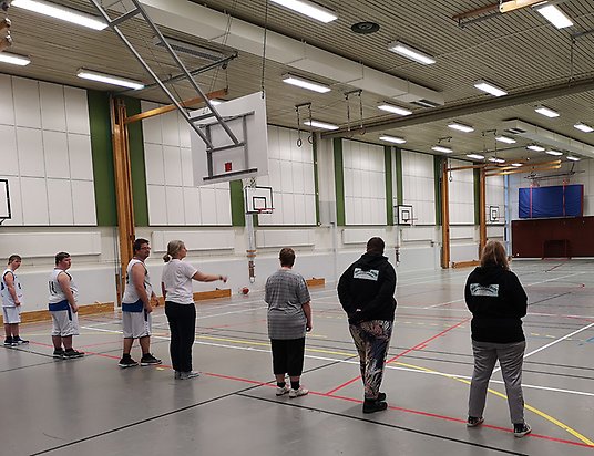 Några personer står uppställda på rad i en gymnastikhall