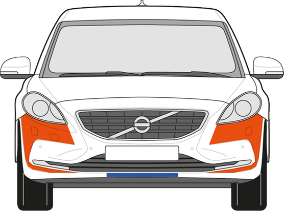 Orange och blåa fyrkanter placerade på framsidan av en vit bil.