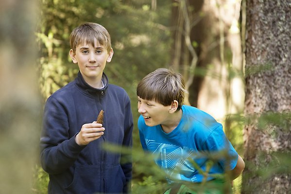 Två barn står bland träden i en skog. Det ena barnet håller i en kotte och det andra barnet tittar glatt på kotten.