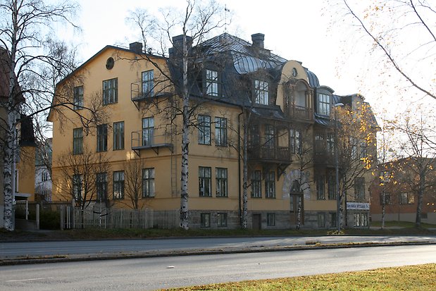 Stenbyggnad i 4 våningar i mörkgul puts, grund i grå sten. Svart plåttak. Balkonger i mörkt trä. Utsmyckning i halvcirkel ovan en träport.