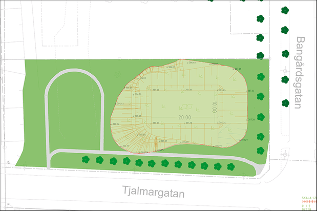 En planritning över dagvattenparken som visar sänkan, omgivande grönska samt gångvägar