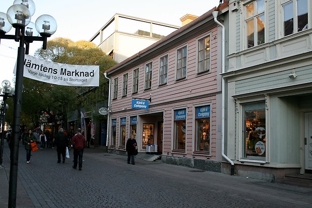 Träbyggnad  i två våningar i rosa panel, vita knutar, detaljer och fönsterfoder. Röda fönster med spröjs. Skyltfönster på första våningen.