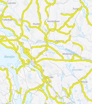 Karta över Östersunds kommun där många landsvägar är markerade