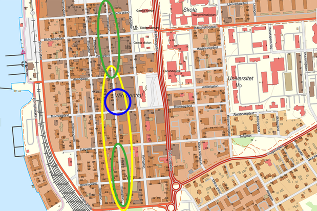 En karta över centrala staden med markeringar på Prästgatan mellan Hamngatan och Gränsgatan