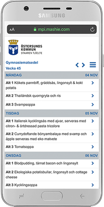 Mobiltelefon som visar matsedeln för gymnasieskolorna.