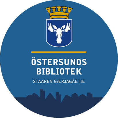 Östersunds biblioteks profilbild i runt format med kommunvapnet på blå bakgrund, texten under samt silhuetten i mörkt blå längst ned.