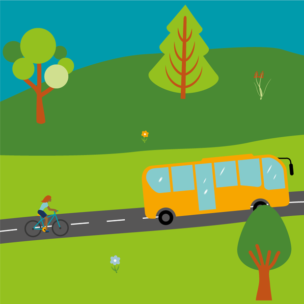 Tecknad bild på ett landskap med en bilväg tvärs igenom. På bilvägen åker en gul buss och en blå cykel med en person med ljusblå tröja.