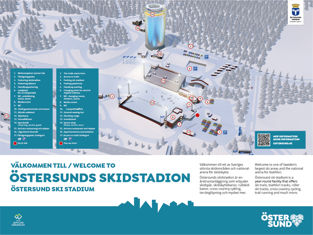 Skylt med text samt illustration som beskriver området Östersunds skidstadion.