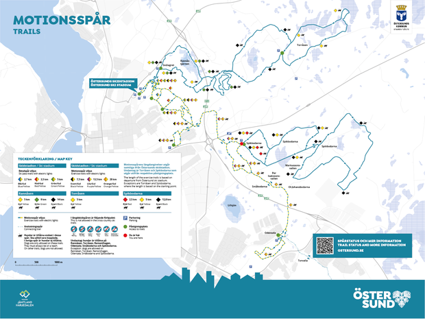 Skylt med text samt karta som ger en överblick av kommunens samtliga motionsspår.