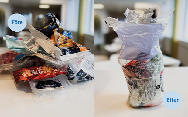 Två bilder. Den till vänster visar löst liggande mjuka plastförpackningar i en hög. Bilden till höger visar samma förpackningar nerstoppade i en brödpåse.