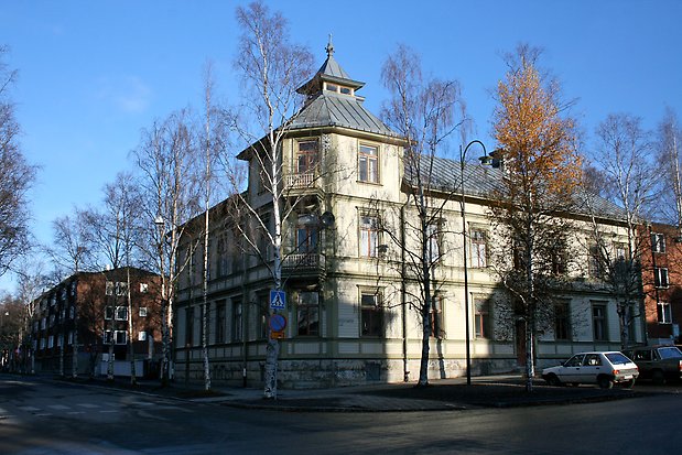 Träbyggnad i tre våningar i ljusgrön, liggande panel med mörkgröna detaljer. Bruna fönster med spröjs, Två små balkonger. Svart plåttak med torn.