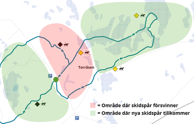 Kartskiss som visar områdena där skidspår försvinner och där nya tillkommer