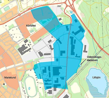 Kartbild med en blå markering för avrinningsområdet till Odenskogsdammen