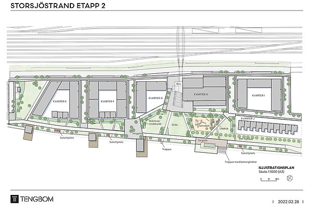 Illustration över tre nya bostadshus vid Storsjö Strand.