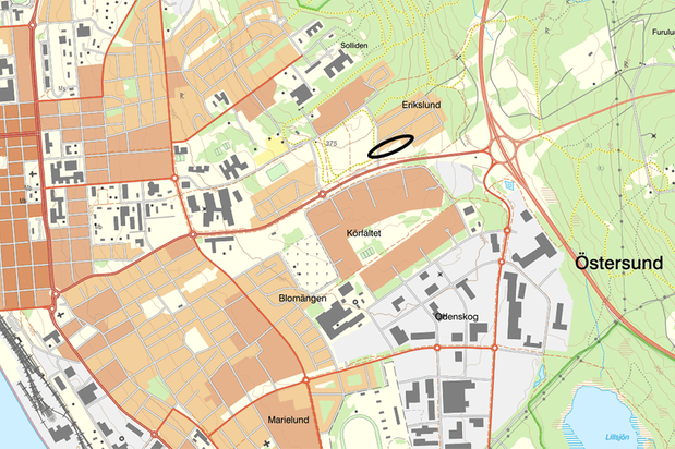 Karta med en markering vid Erikslund