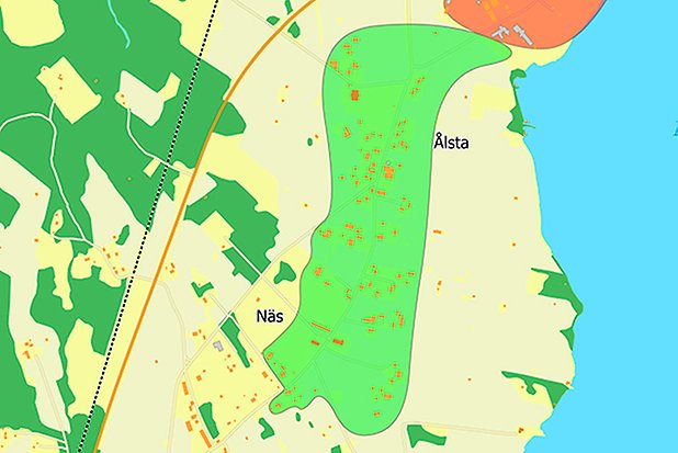 En kartbild med ett ljusgrönt område för utbyggnad av kommunalt avlopp. Näs