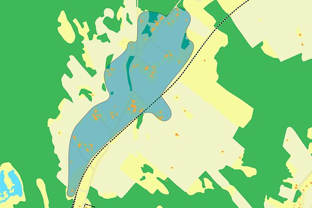 En kartbild med ett blått område för utbyggnad av kommunalt avlopp. Bränna