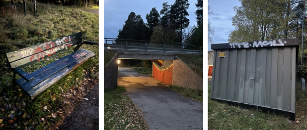 Tre bilder som visar platser i området där man identifierat klotter i den offentliga miljön.